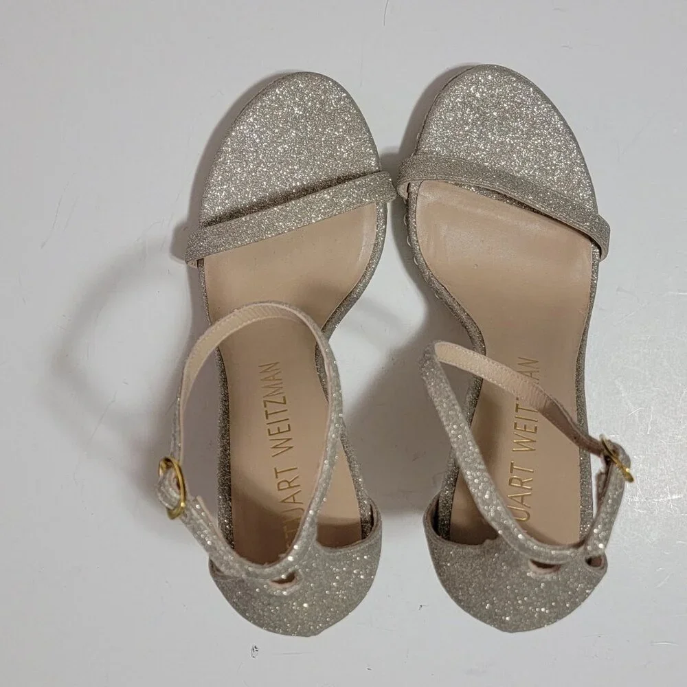 NEW Stuart Weitzman Nudistdisco Pearl Glitter Heels Womens 9.5 Glam Luxury Shiny